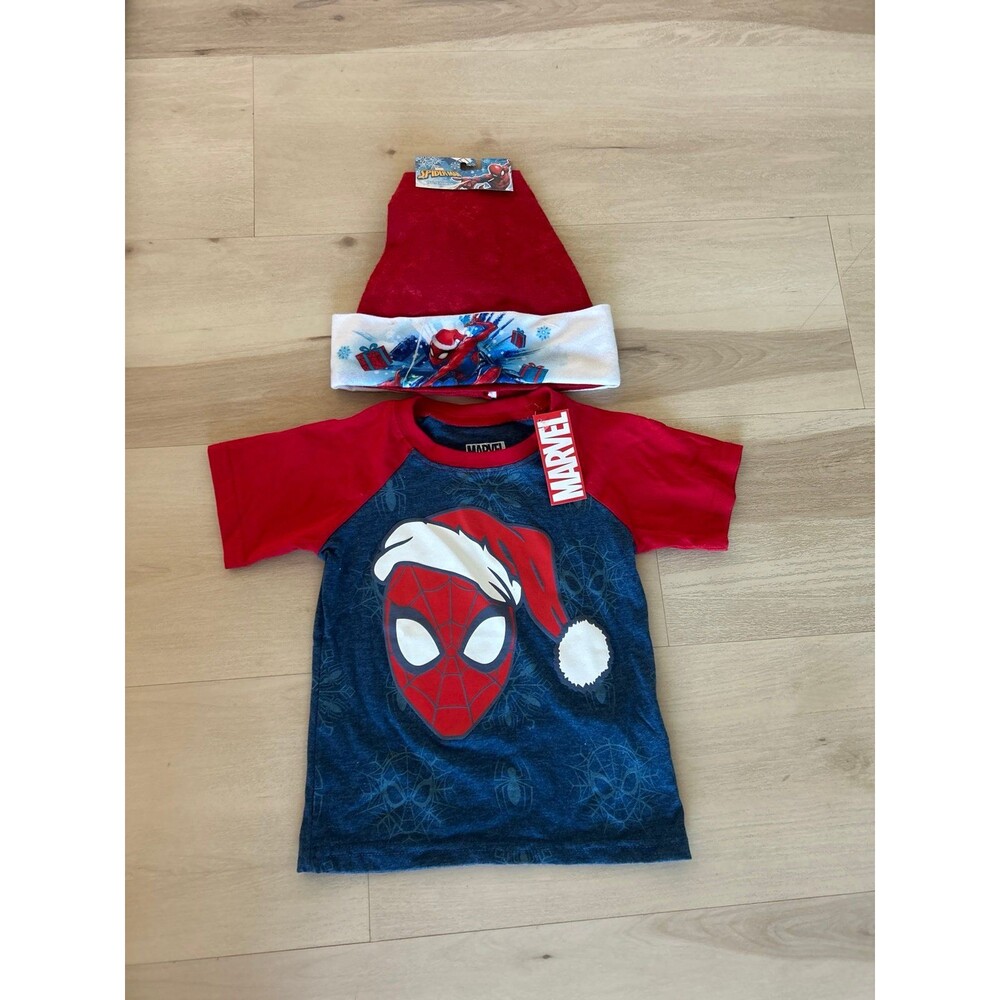 NWT Marvel Spider-Man Christmas Shirt and Santa hat Sz 5 not 5T